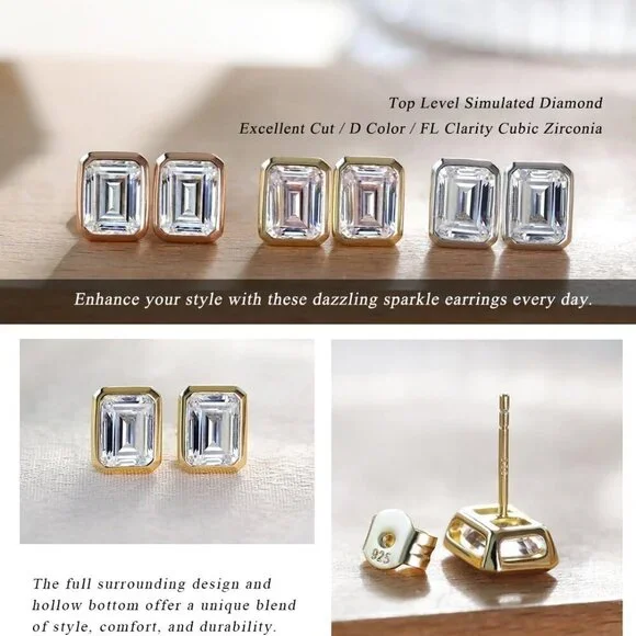 Emerald Cut Cubic Zirconia Stud Earrings Sterling Silver 4ct D FL - Picture 5 of 8